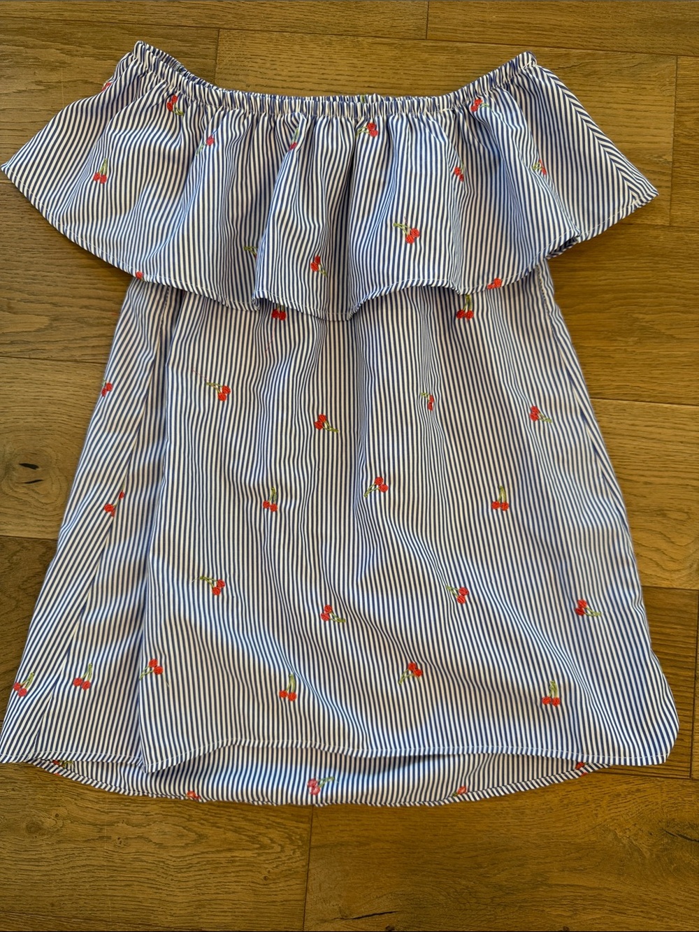 White Birch Off-The-Shoulder Blouse Pinstripes and Cherries - M